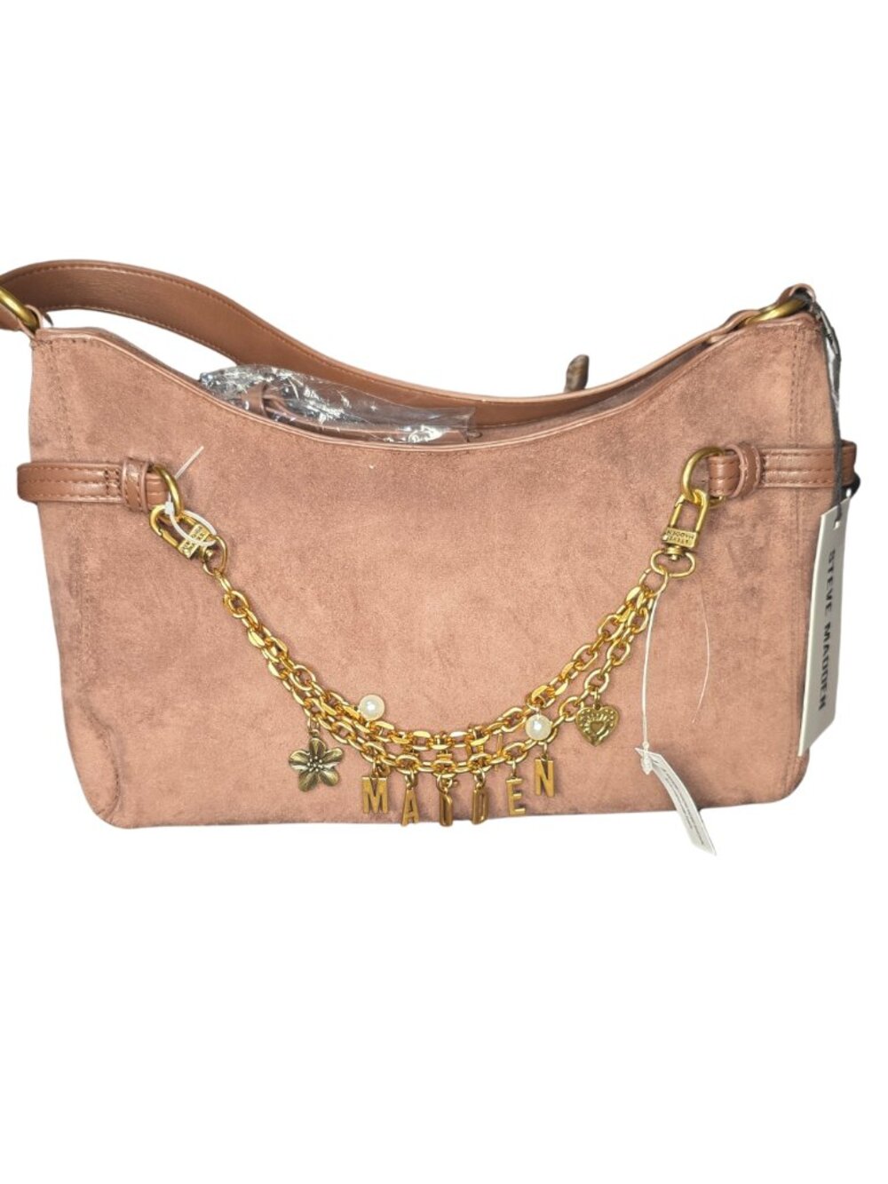 Steve Madden Brown Suede Shoulder Bag Gold Charm Chain NWT